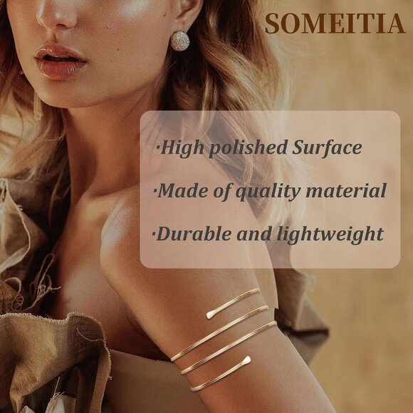 6Pcs Arm Cuff Gold Upper Arm Cuff Bracelet for Women Adjustable Open Cuff Bangle - Picture 3 of 6